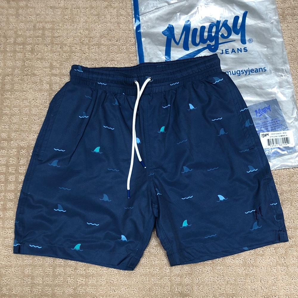 New Mugsy Men's Blue Swim Trunks with Wave/Shark Design